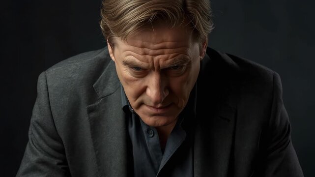 Middle aged man portrait, thoughtful and pensive brooding male dramatic lighting with serious