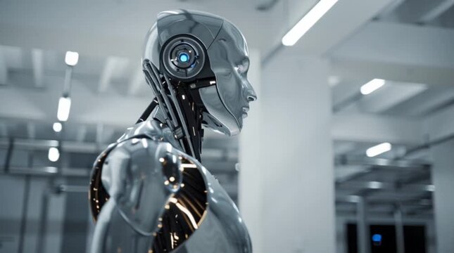 Silberner humanoider Roboter in einem modernen B&uuml;ro mit kinoreifer Kamerabewegung