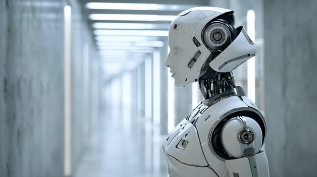 Silberner humanoider Roboter in einem modernen B&uuml;ro mit kinoreifer Kamerabewegung