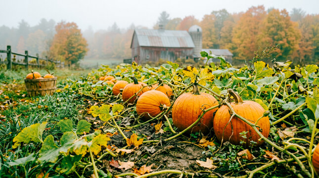 Nature All Year Round. October Harvest Scene Showcasing Vibrant Pumpkins in a Misty Farm Landscape