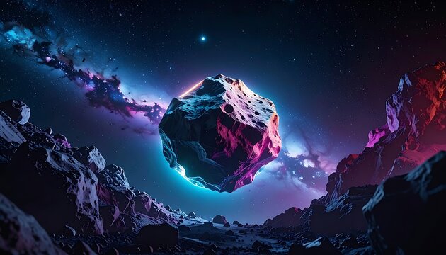 Abstract asteroid in vibrant neon nebula, glowing cosmic landscape, retro pixel art style, science fiction background