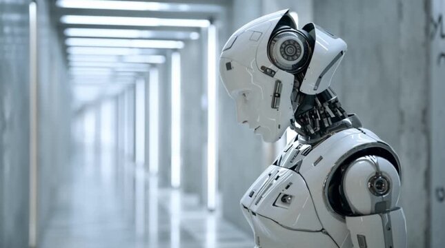 Silberner humanoider Roboter in einem modernen B&uuml;ro mit kinoreifer Kamerabewegung