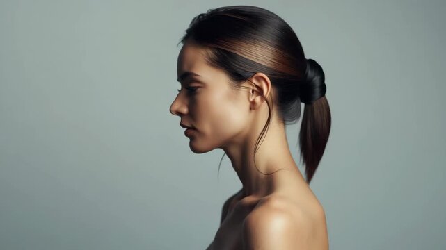 Young woman profile portrait with sleek ponytail serene expression and soft studio hairstyle