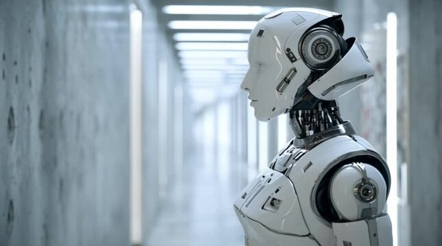 Silberner humanoider Roboter in einem modernen B&uuml;ro mit kinoreifer Kamerabewegung