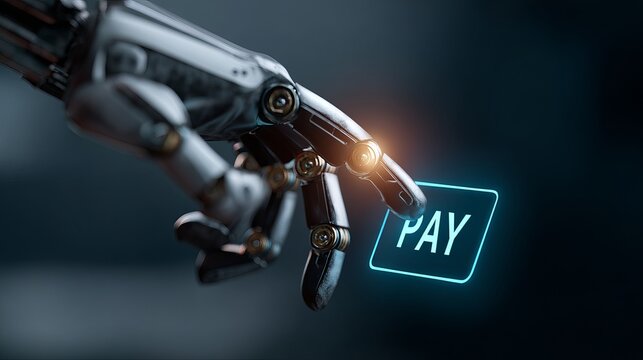 Robotic Hand Touching Pay Button For Payment Technology Concepts