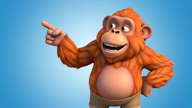 A cheerful cartoon monkey with orange fur points to the side with a friendly expression against a blue background