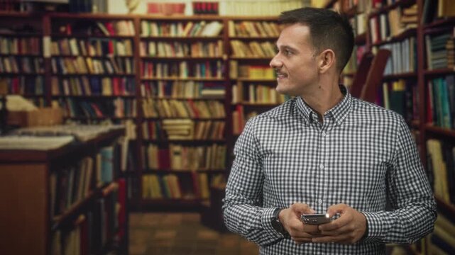 Man with moustache holding smartphone in hands and looking to the side in a building filled with bookshelves and rows of books; quiet curiosity.