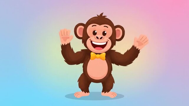A happy cartoon monkey with a bow tie waving its hands cheerfully against a colorful pastel background