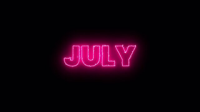 neon glowing july text inside cinematic film frame with vibrant pink light typography on dark background, modern streaming concept, 4k video