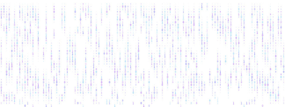 Digital Binary Code Rain Background with Falling Blue and Purple Data Stream on White Backdrop
