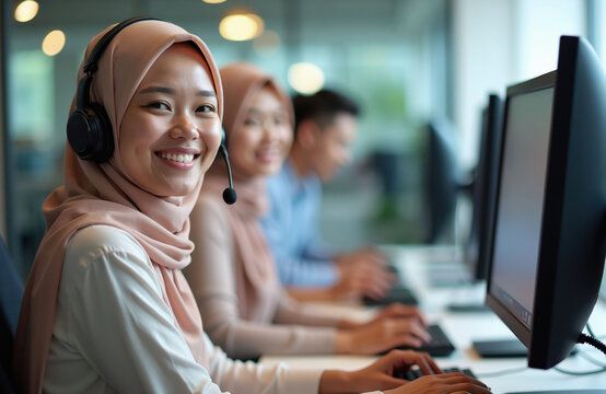 Smiling Muslim woman wearing headset works in call center. Female coworker assists clients with phone support. Team members use computers in busy office. Diverse colleagues provide customer care