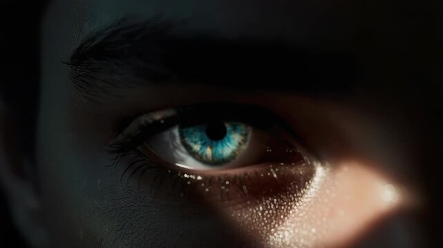 Blue iris and pupil macro close up with dramatic shadow textured skin evocative blue eye close up
