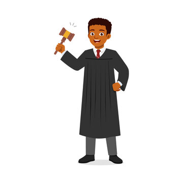 Black man judge smiling holding gavel making decision in court wearing robe happy confident