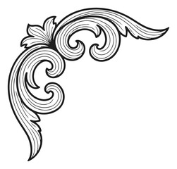 Fototapeta premium Detailed black and white corner design with swirls, curls, and leaf elements