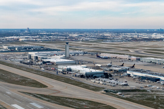 Chicago, Illinois, USA - Aerial view of the South Cargo Area at Chicago O'Hare International Airport (ORD), showing freighter aircraft from UPS, Atlas Air, and Worldwide parked at cargo facilities 