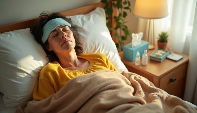 Woman rests in bed with cold compress on forehead. She is sick and unwell at home, feeling feverish and fatigued, needing recovery and comfort.
