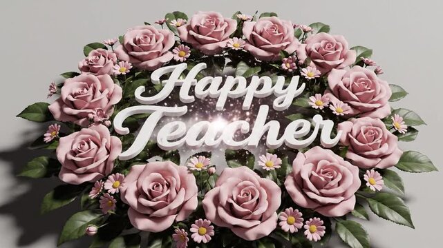 Circular floral wreath featuring pale pink roses, small pink daisies, and green leaves surrounding white 3D text that reads Happy Teacher on a minimalist light gray background.