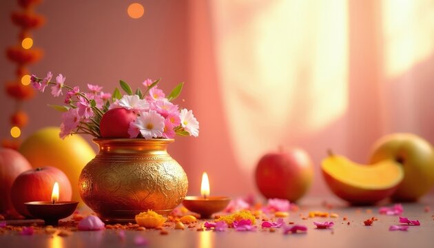 Golden pot holds pink flowers. Red and yellow fruits surround lit candle and scattered petals. Traditional decor celebrates new year spring festival.