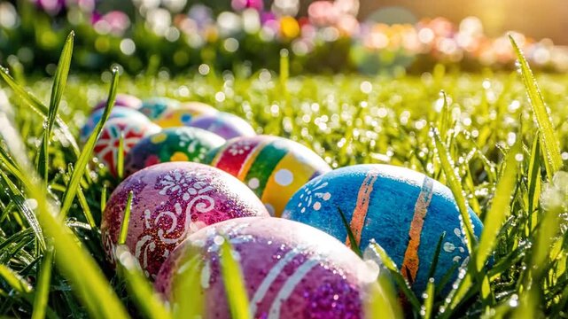 Row of hand-painted Easter eggs featuring intricate patterns and glitter lying in a line on vibrant green grass with morning dew drops in a sunny garden setting with bokeh background.