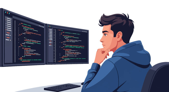 Vector illustration of a young male software developer in a blue hoodie looking at dual monitors with programming code, hand on chin in contemplative pose on white background.