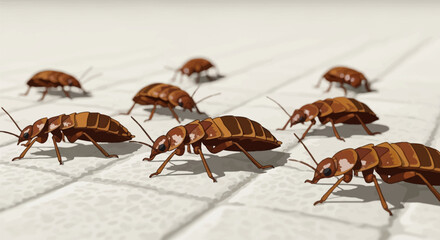 Fototapeta premium Detailed digital illustration of several brown bed bugs (Cimex lectularius) crawling on a white textured fabric surface, depicting an active pest infestation on a mattress or linen.