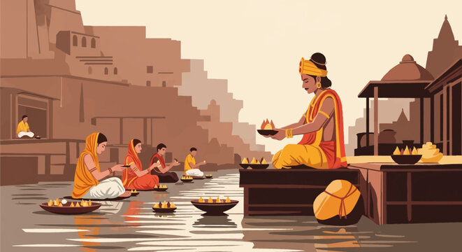 Vector illustration of Hindu devotees and a priest performing Ganga Aarti ritual with burning oil lamps on the stone ghats of Varanasi by river Ganges, depicting Indian tradition.