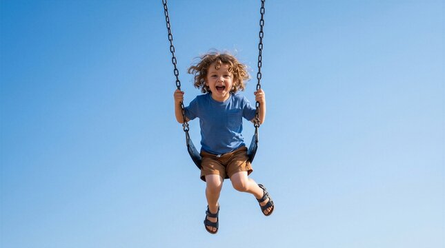 Excited little boy enjoys swinging high on a playground swing under a bright and clear blue summer sky.