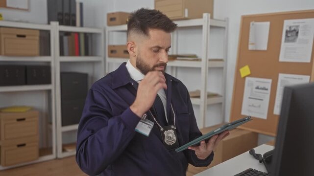 Hispanic man police detective with badge and id holding tablet and rubbing temple in office building; investigative fatigue.