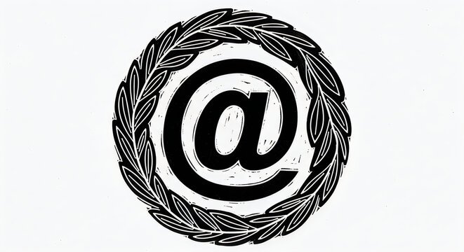 A black and white image of an at symbol in a laurel wreath
