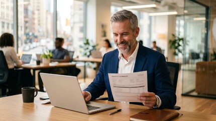 Fototapeta premium Mature caucasian male professional reviewing documents in modern office setting