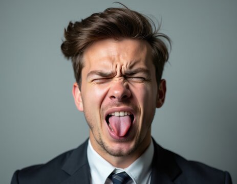 Young man in suit sticks out tongue making funny face. He grimaces with eyes closed and wrinkled nose showing strong negative emotion. Disgusted man shows his distaste.