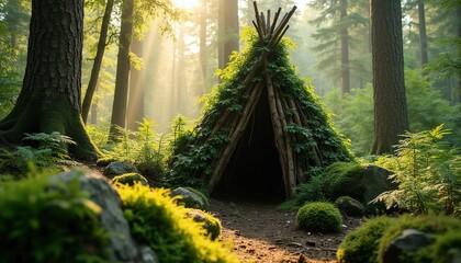 Fototapeta premium Forest teepee shelter built with sticks, natural green plants. Sunlight streams through tall trees creating magical woodland ambiance. Path leads to cozy, vine-covered structure for outdoor adventure.