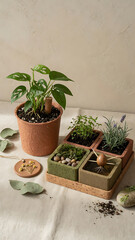 Fototapeta premium Terracotta Pot With Monstera Plant And Small Planters Filled With Herbs And Moss Set Up On A Neutral Background With Soft Lighting