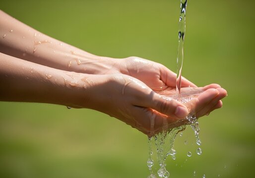 Delicate human palms gracefully cup cool, refreshing water streaming from above, creating ripples and showcasing the pure, life-giving flow in an outdoor natural setting with lush green foliage