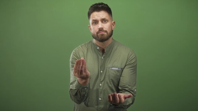 Man counting fingers on open palm while pinching fingertips above left hand, wearing green shirt against green backdrop in studio; doubt request help.