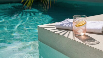 Naklejka premium Refreshing Pink Summer Cocktail by Turquoise Swimming Pool