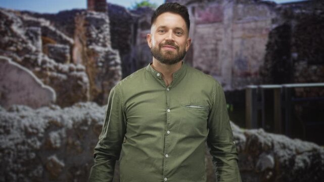 Man giving thumbs up with visible beard and green shirt in a ruined stone building, smiling and facing camera; optimism.
