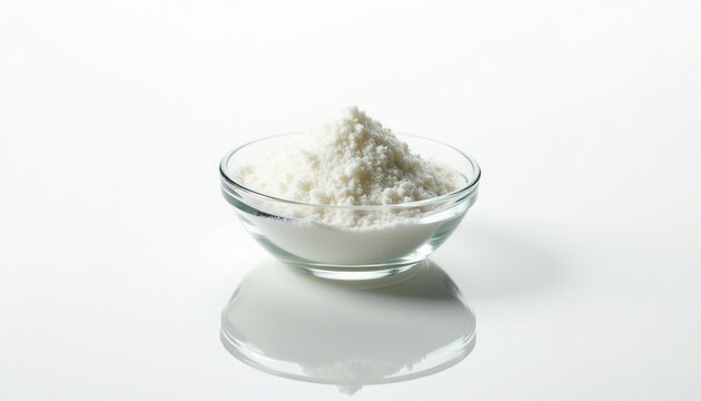 A clear glass bowl holds white crystalline powder. This food additive is isolated on a white background. It has a granular texture, suitable for culinary use.