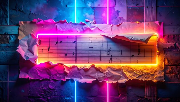 Abstract glowing neon rectangle frame on a torn paper texture background, vibrant cyberpunk aesthetic with digital glitch effect