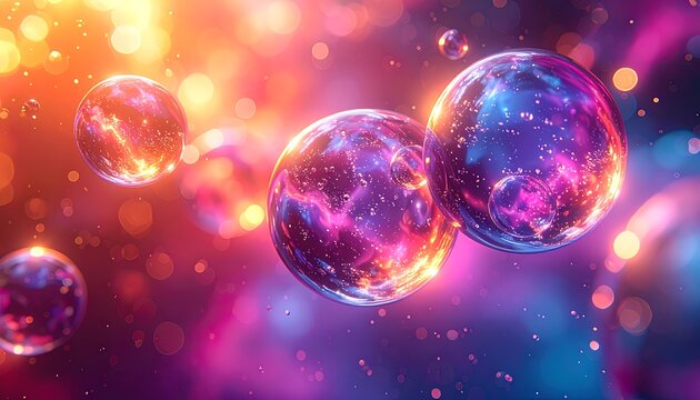 Abstract glowing orbs with cosmic nebula patterns and bokeh lights, vibrant purple and orange energy, perfect for science or fantasy themes