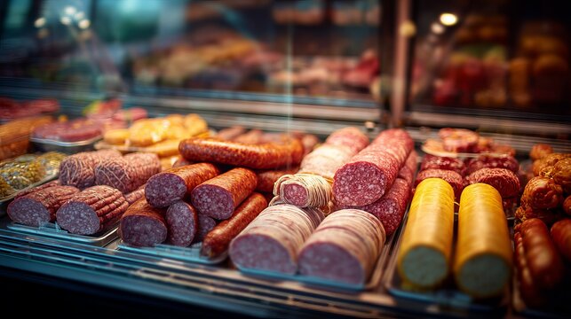 Variety of cured meats and sausages displayed in a glass case for food and grocery concepts