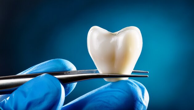 dental ceramic crown held with tweezers for restorative dentistry procedure