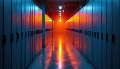Fototapeta premium Long empty hallway with rows of metal lockers. Blue and orange neon lights reflect on the polished floor. The corridor fades into orange mist at the end, creating a moody atmosphere.