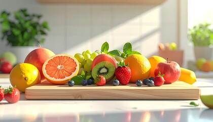Assortment of fresh ripe fruits including strawberries, blueberries, grapes, oranges, lemons, apples, grapefruit, and kiwi, arranged