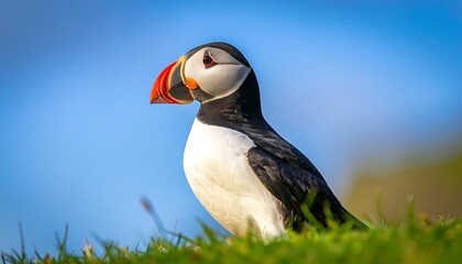 Naklejka premium Atlantic puffin bird with orange beak standing on grassy cliff with blue sky background, close up