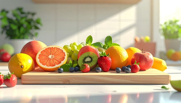 Assortment of fresh ripe fruits including strawberries, blueberries, grapes, oranges, lemons, apples, grapefruit, and kiwi, arranged