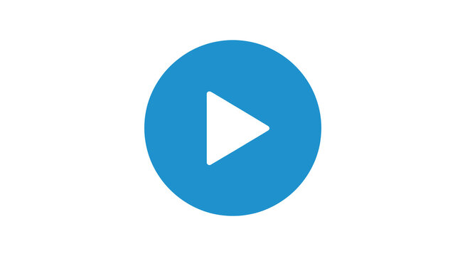 Circular cobalt blue play button icon isolated on white background, minimalist flat vector graphic interface element for multimedia player, video start control symbol, modern web UI design.