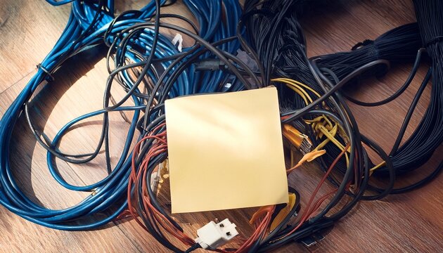 untidy tangle of computer cables with a note on the floor technology mess and disorganization concept home or office workspace problem