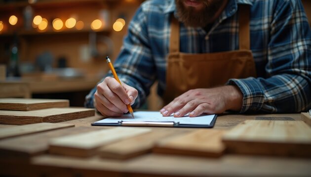 Bearded man in apron writes with pencil on paper clipboard. Wooden planks on table. Workshop background with warm lights. Craftsman plans project, draws sketch.