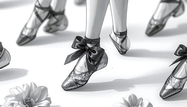 Ballet dancers feet wearing pointe shoes with ribbons and bows, surrounded by flowers, elegant performance concept